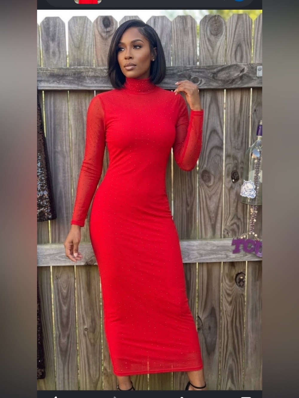 Reba Red Long Sleeve Turtleneck Midi Dress